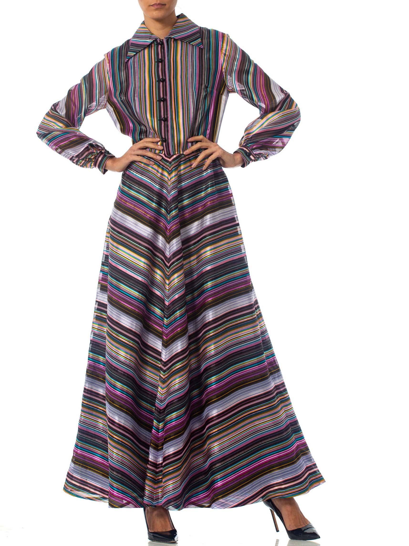 1970S Purple & Blue Striped Poly Blend Satin Long Sleeve Day To Night Dress For Sale 1