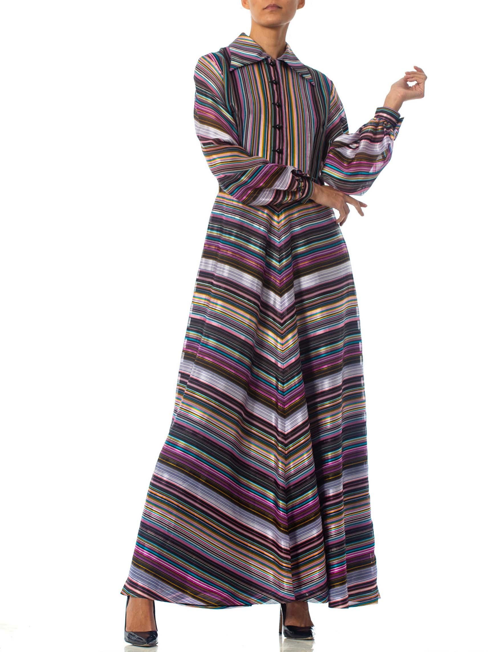 1970S Purple & Blue Striped Poly Blend Satin Long Sleeve Day To Night Dress For Sale 2