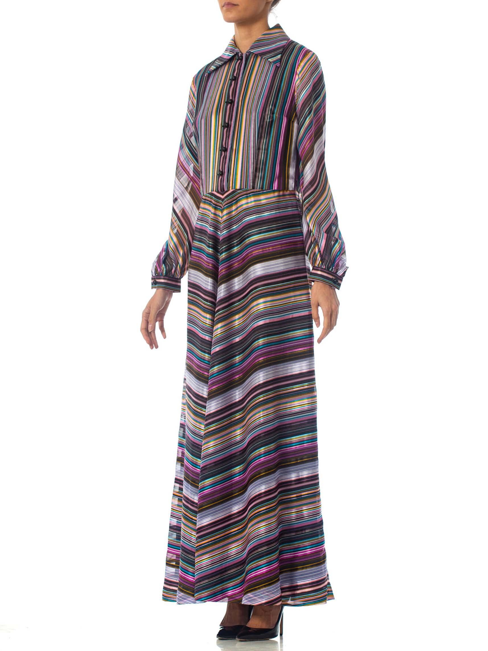 1970S Purple & Blue Striped Poly Blend Satin Long Sleeve Day To Night Dress For Sale 3