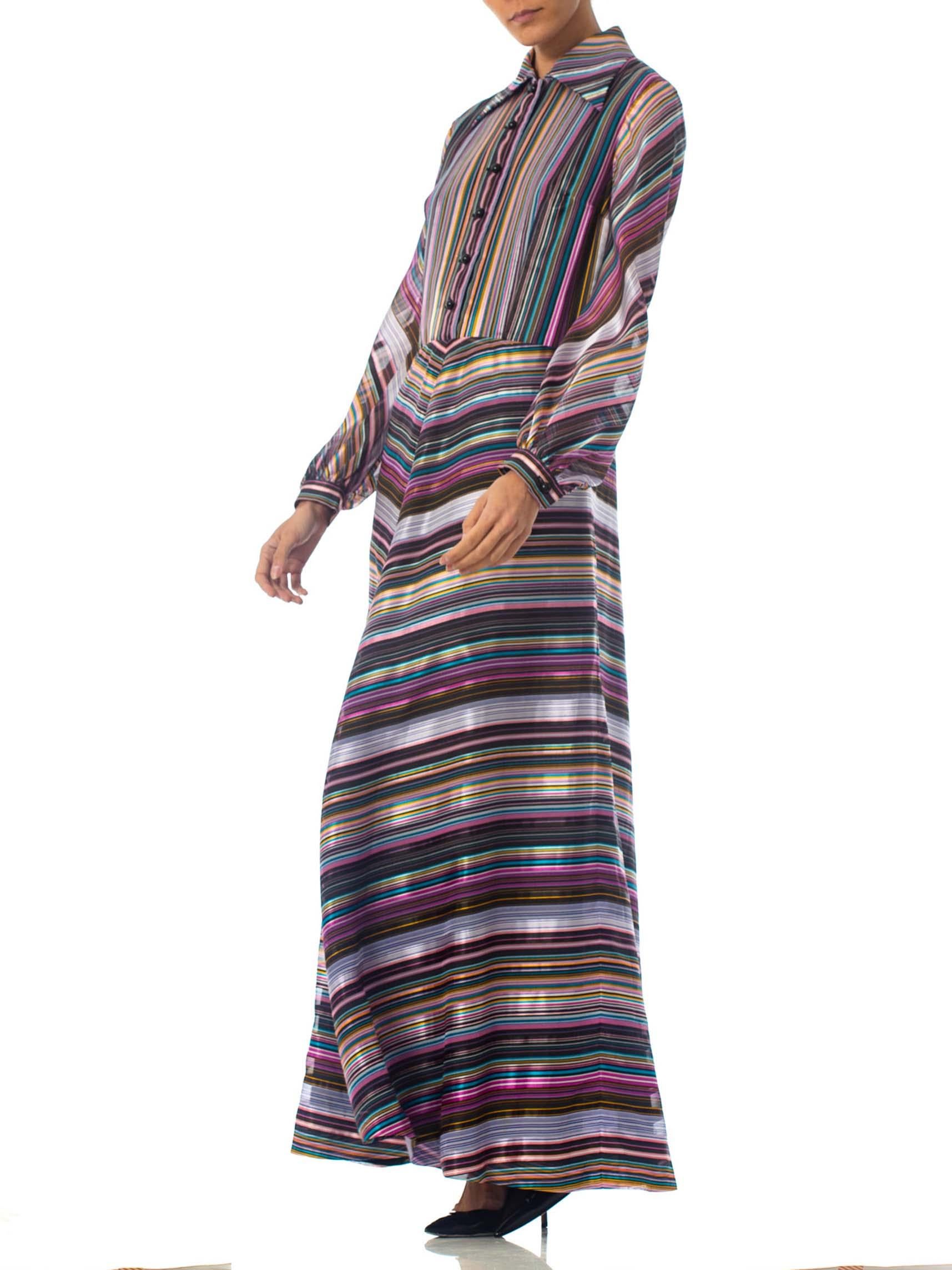 1970S Purple & Blue Striped Poly Blend Satin Long Sleeve Day To Night Dress For Sale 4