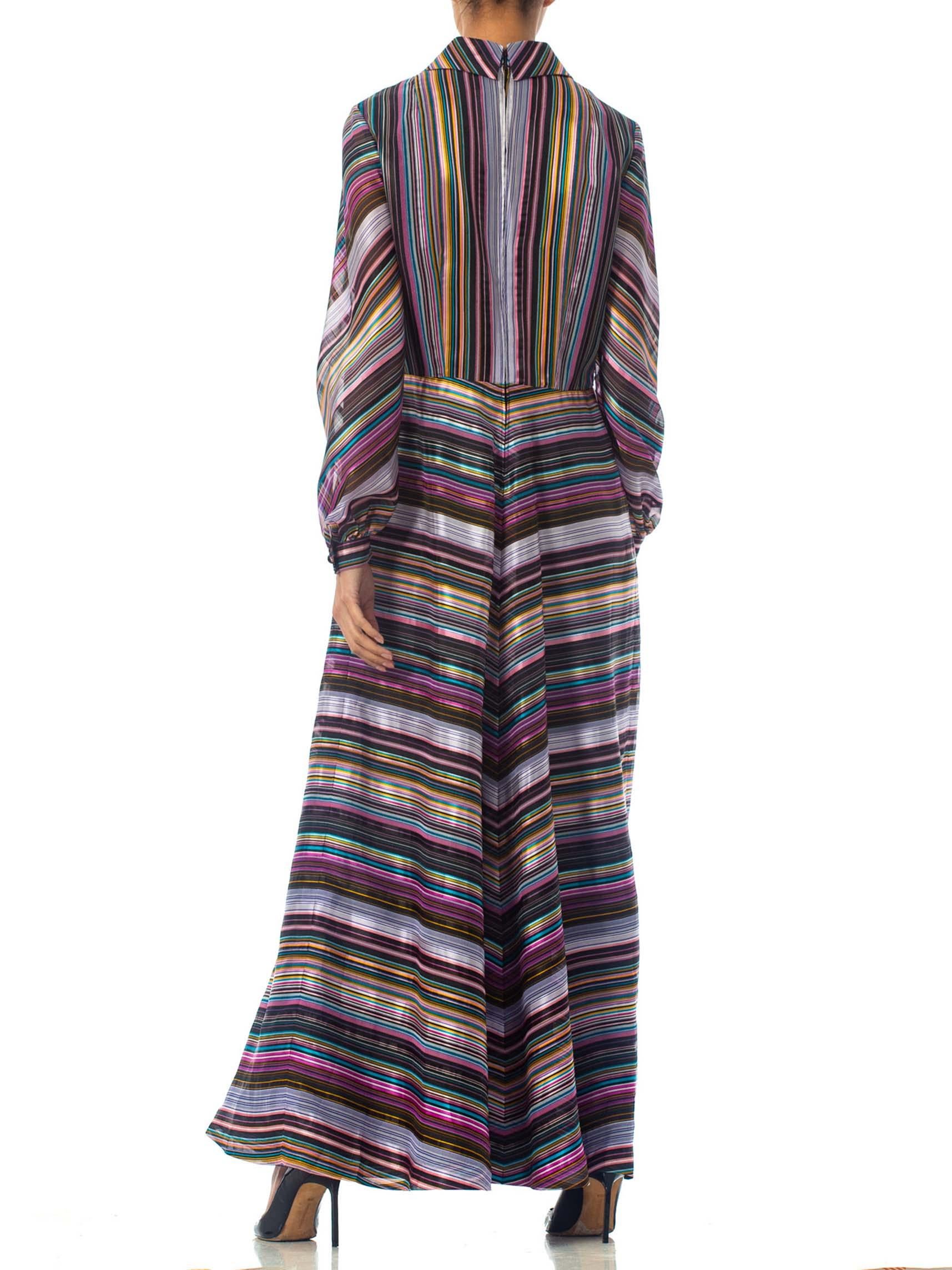 1970S Purple & Blue Striped Poly Blend Satin Long Sleeve Day To Night Dress For Sale 5