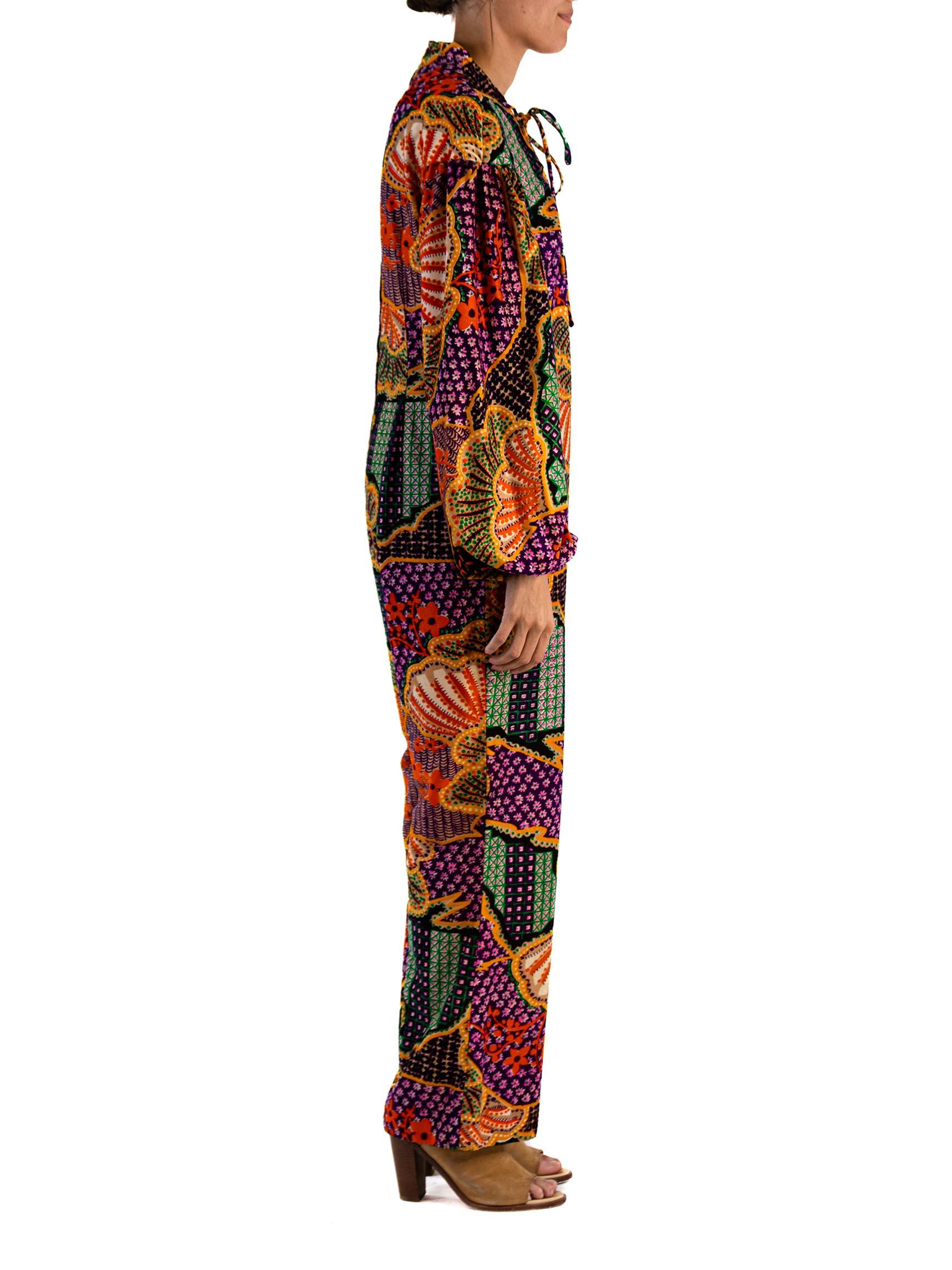 Brown 1970S Purple Velour Orange & Red Psychdelic Print Jumpsuit With Drawstring Clos