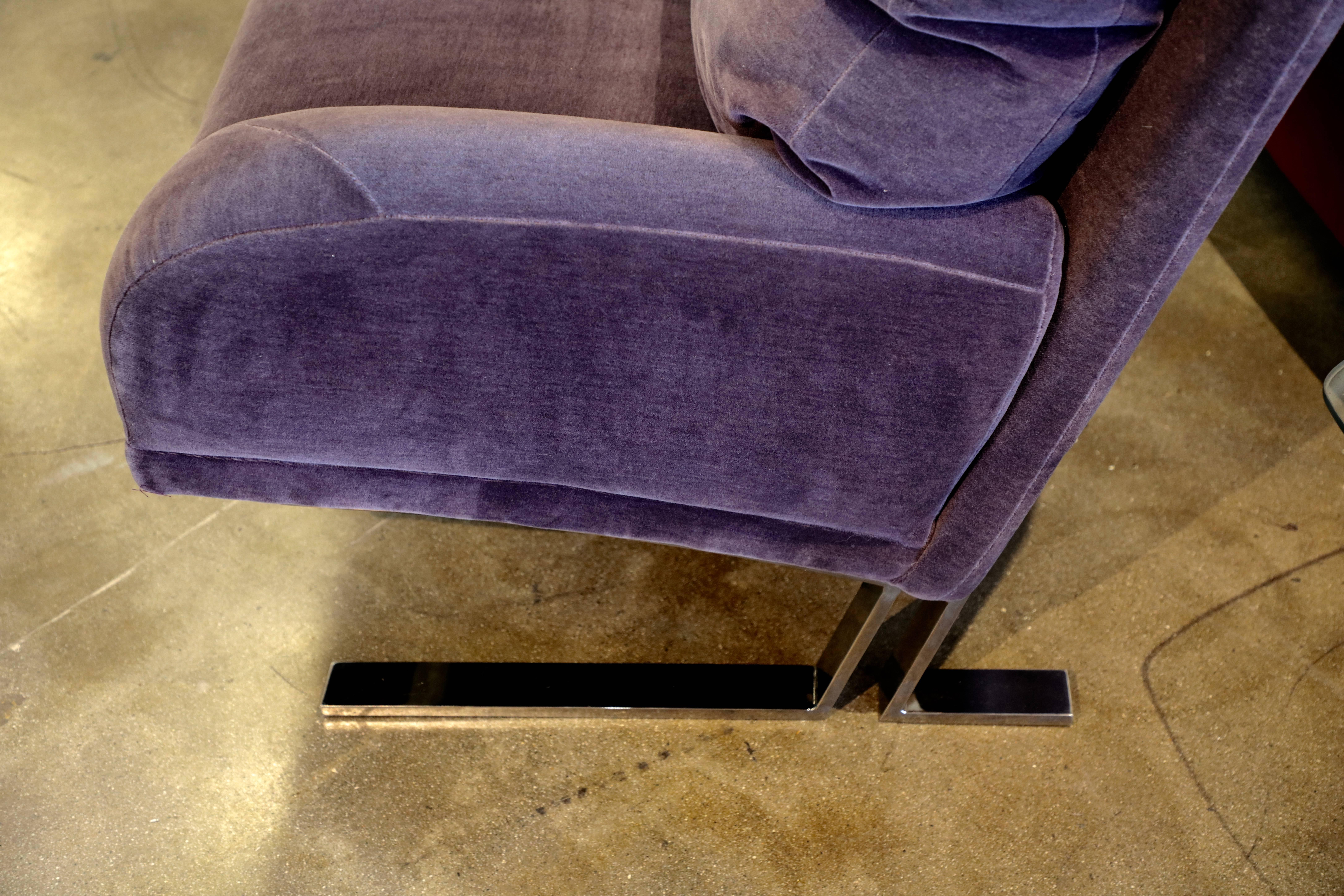 A vintage Directional chair in steel and purple wool mohair. This lounge chair retains the original Directional label. The underneath webbing or black duvet has been replaced otherwise the chair is original. This design has been alternatively been