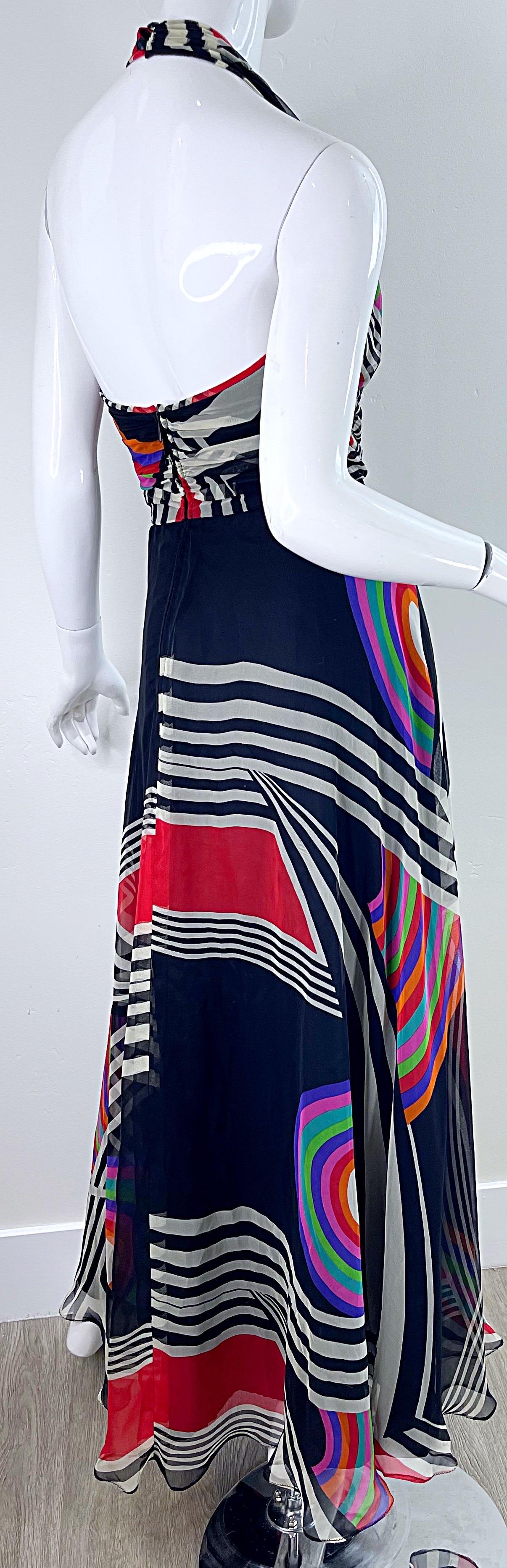 1970s Puszta Abstract Striped Print Chiffon Vintage 70s Halter Maxi Dress For Sale 5