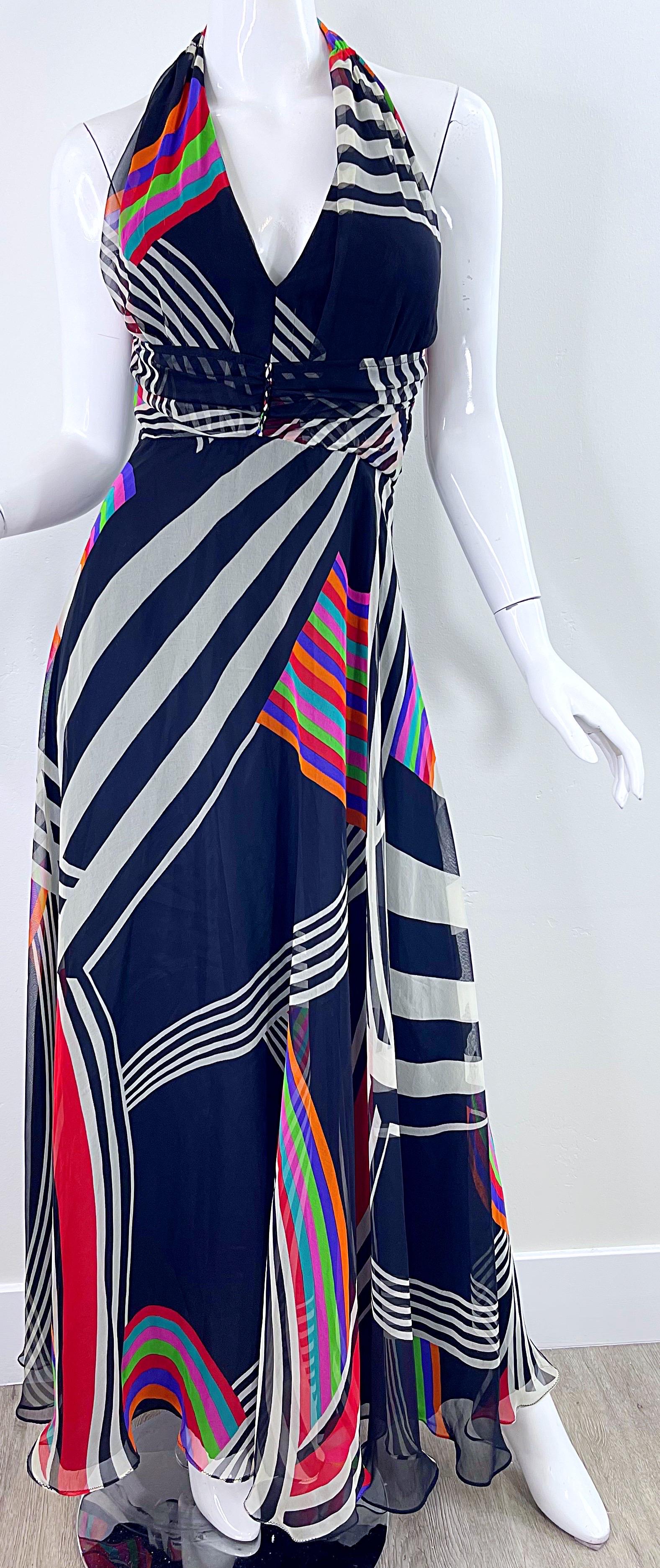 1970s Puszta Abstract Striped Print Chiffon Vintage 70s Halter Maxi Dress For Sale 6