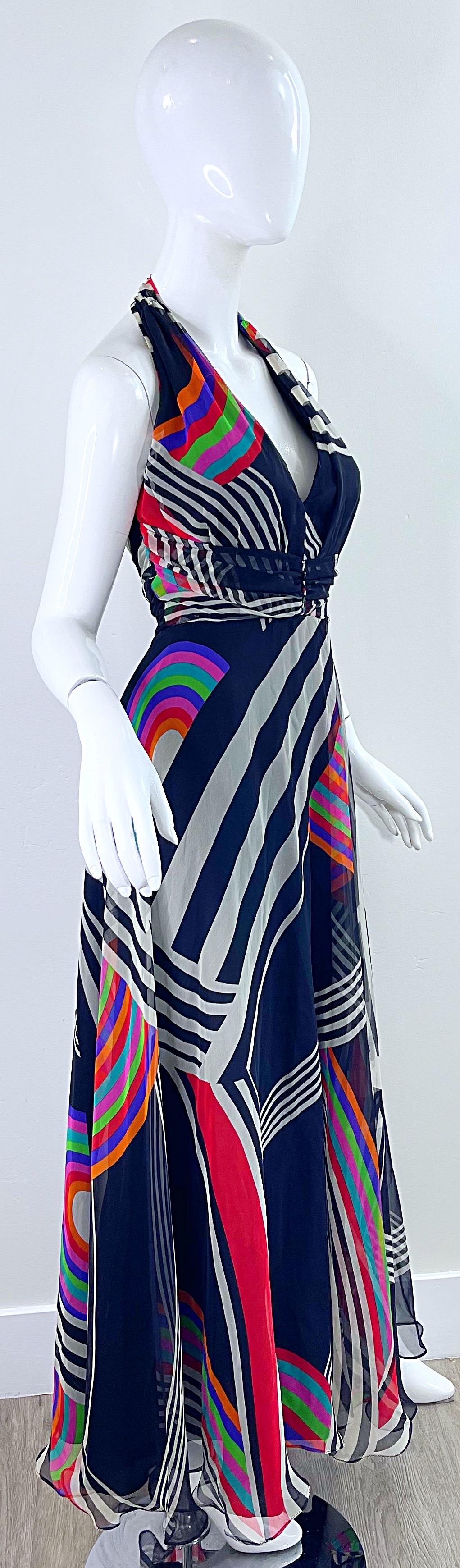 1970s Puszta Abstract Striped Print Chiffon Vintage 70s Halter Maxi Dress For Sale 7
