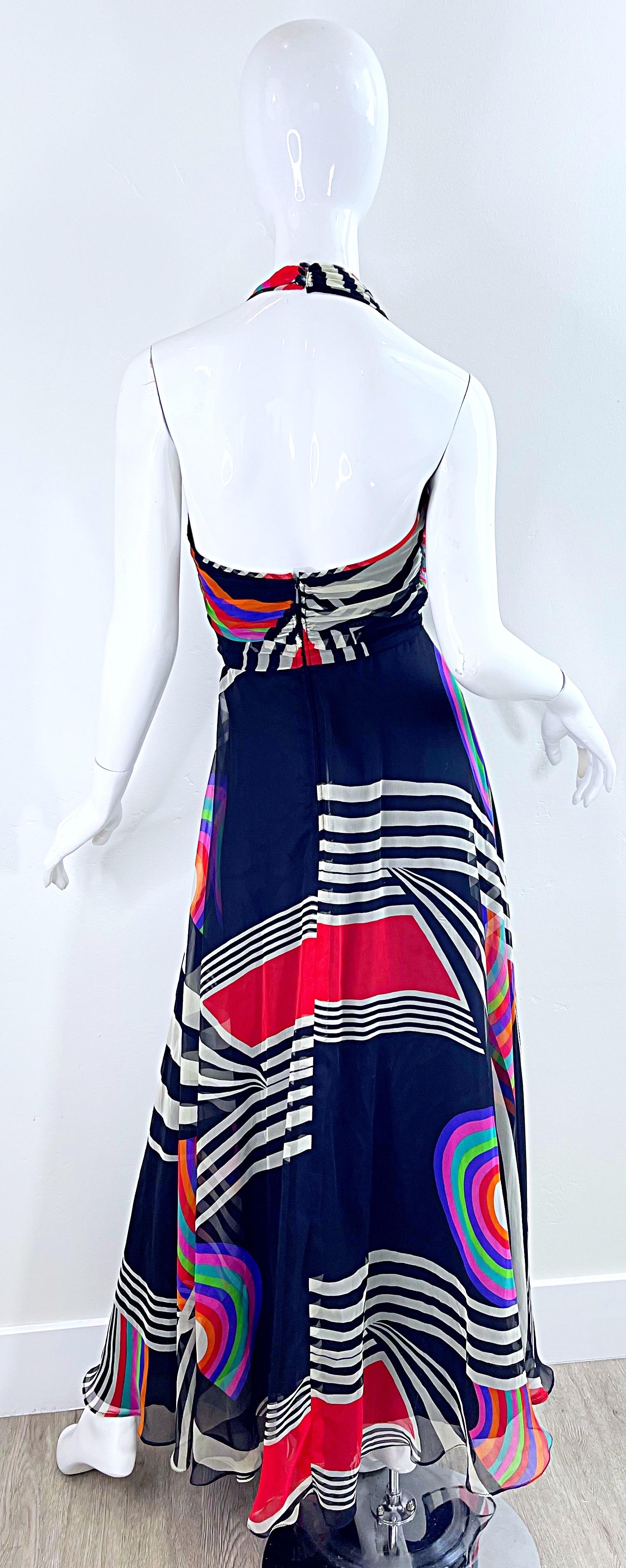 1970s Puszta Abstract Striped Print Chiffon Vintage 70s Halter Maxi Dress For Sale 8