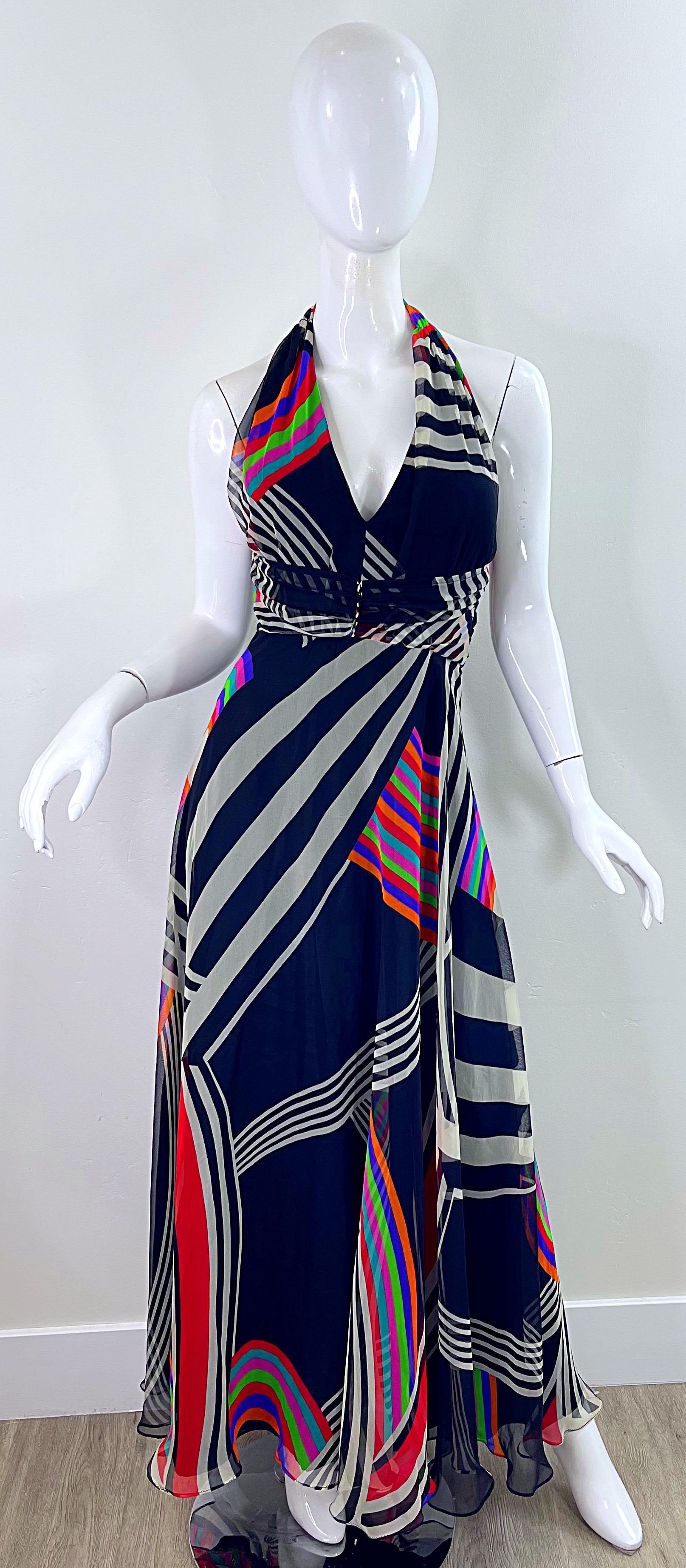 1970s Puszta Abstract Striped Print Chiffon Vintage 70s Halter Maxi Dress For Sale 9