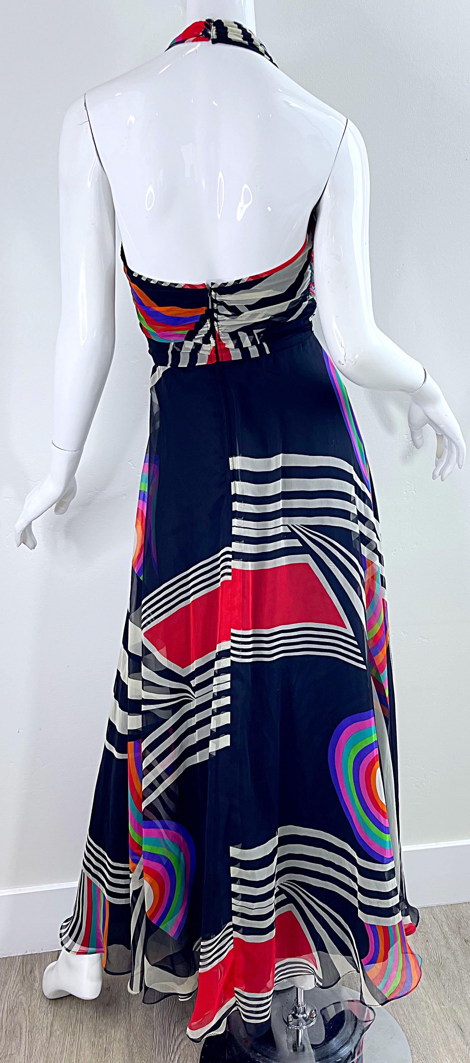 Purple 1970s Puszta Abstract Striped Print Chiffon Vintage 70s Halter Maxi Dress