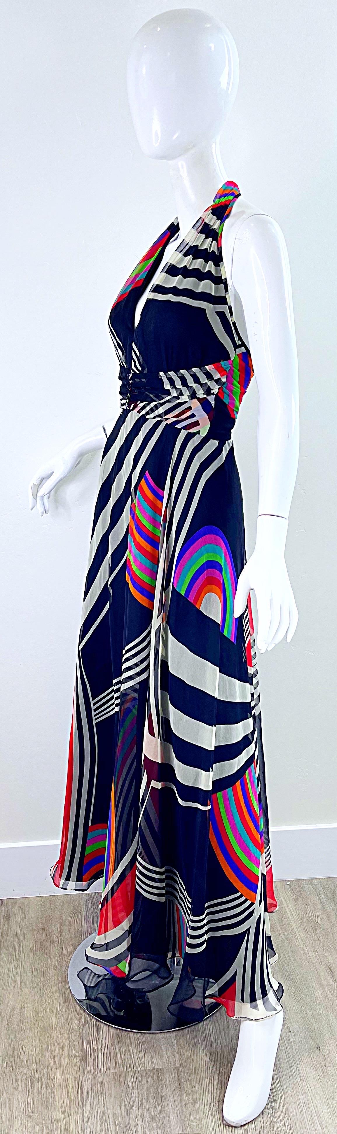 Women's 1970s Puszta Abstract Striped Print Chiffon Vintage 70s Halter Maxi Dress For Sale