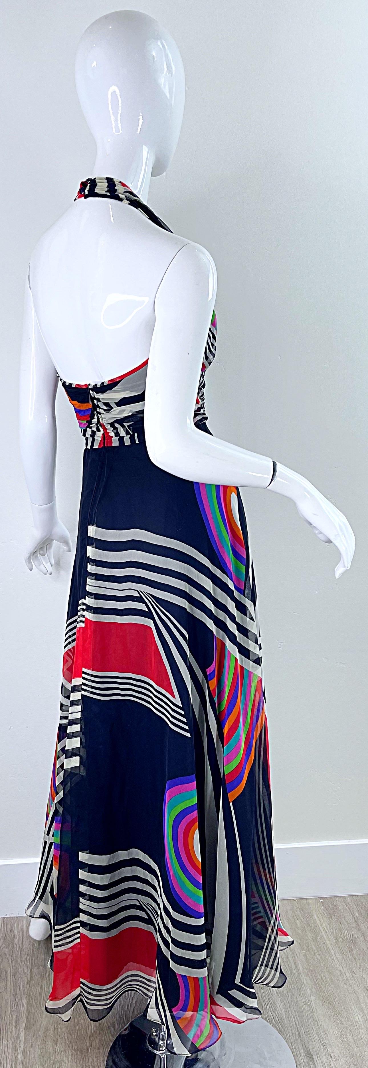 1970s Puszta Abstract Striped Print Chiffon Vintage 70s Halter Maxi Dress For Sale 1