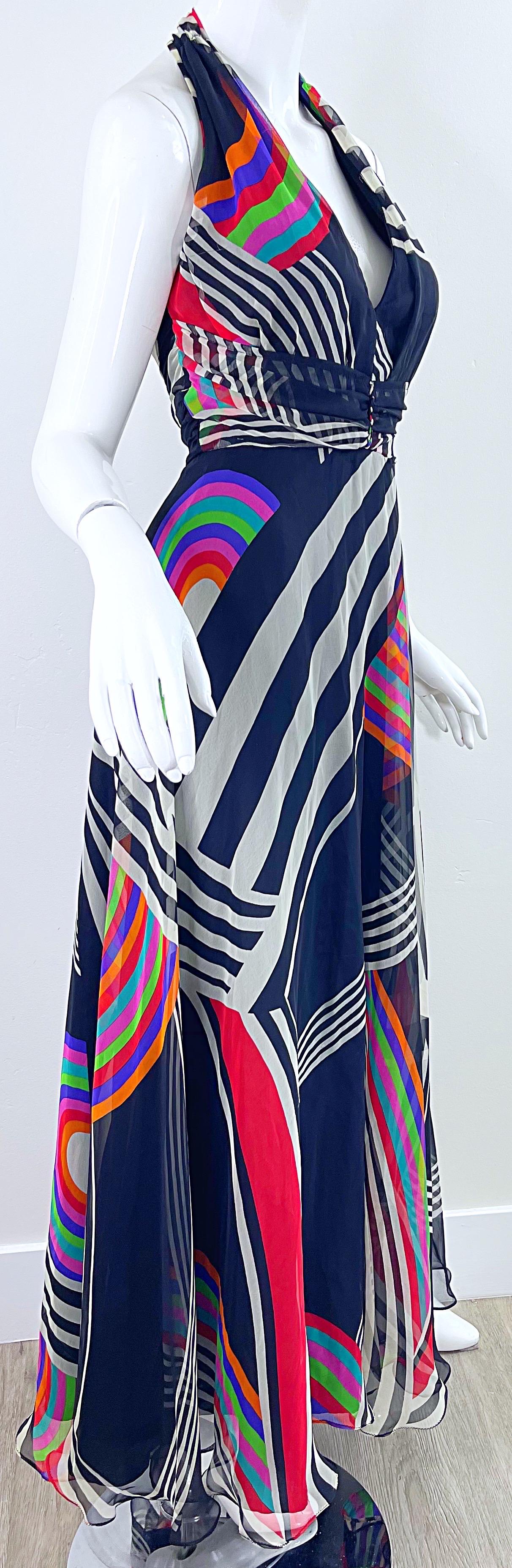 1970s Puszta Abstract Striped Print Chiffon Vintage 70s Halter Maxi Dress For Sale 3