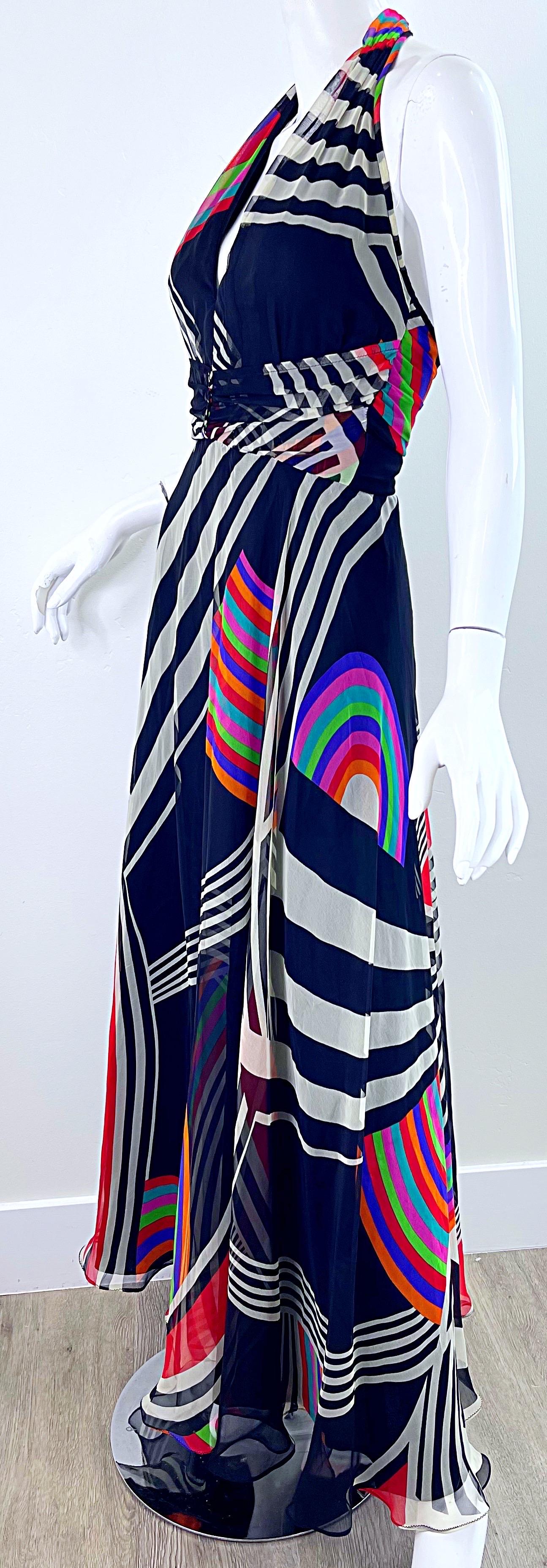 1970s Puszta Abstract Striped Print Chiffon Vintage 70s Halter Maxi Dress For Sale 4