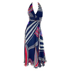 1970er Puszta Abstrakt gestreiftes Chiffon Vintage 70er Jahre Neckholder Maxikleid mit Druck