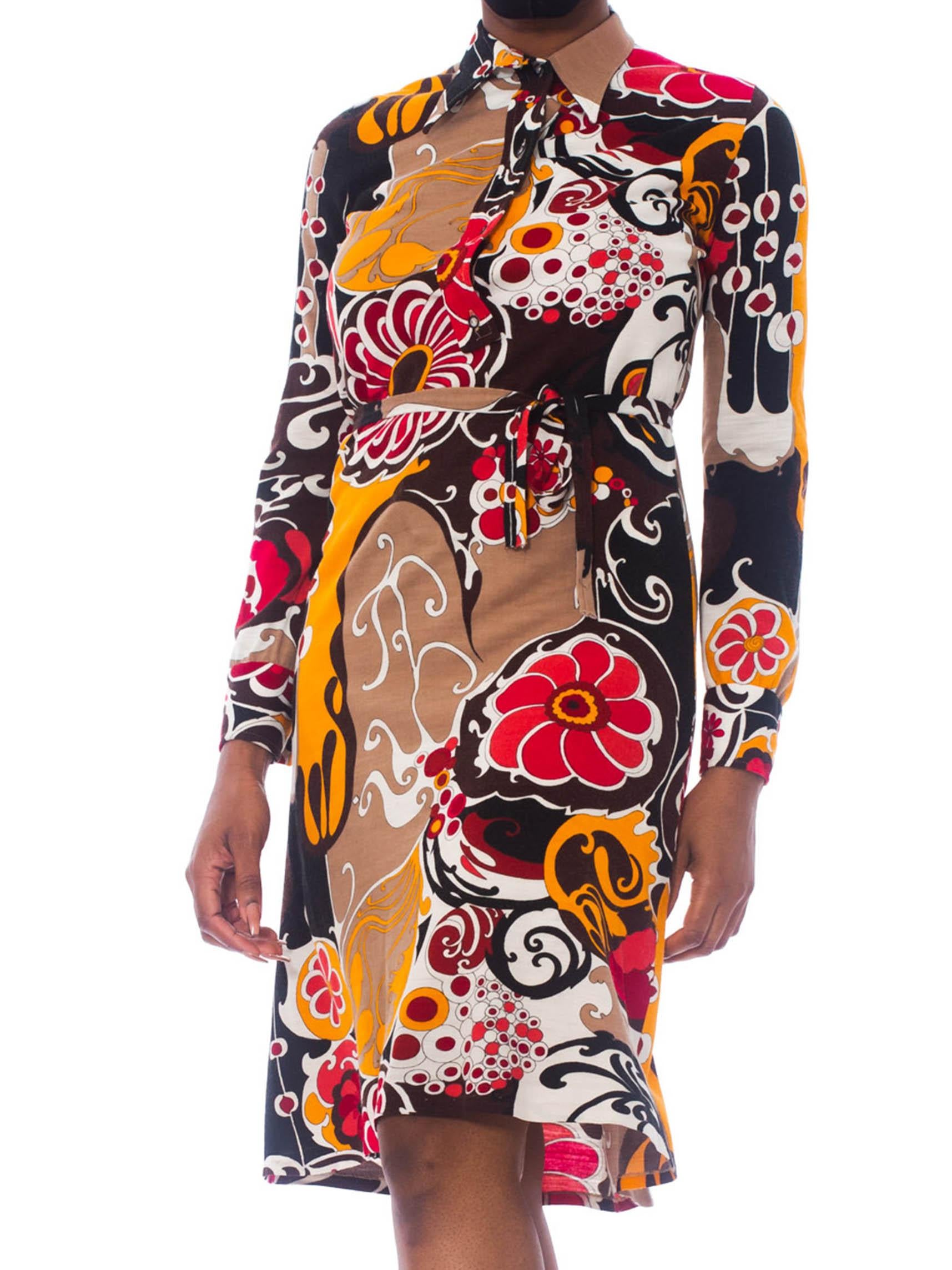 Brown 1970S Pyschedelic Floral Wool Jersey Dress With Rayon Lining For Sale