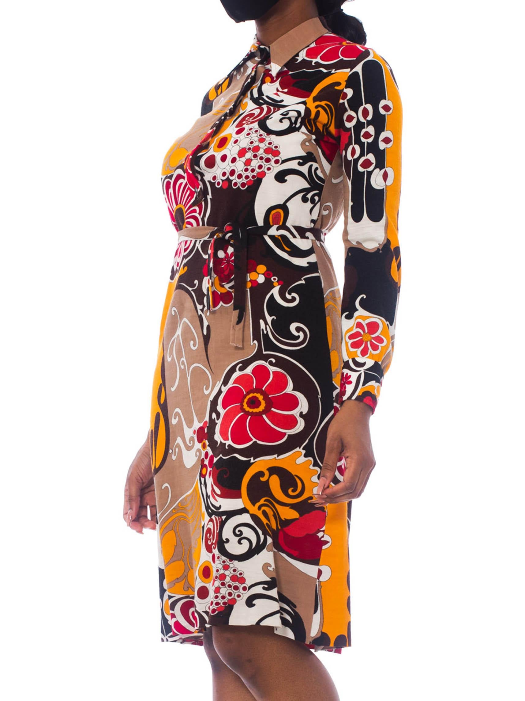 1970S Pyschedelic Floral Wool Jersey Dress With Rayon Lining In Excellent Condition For Sale In New York, NY