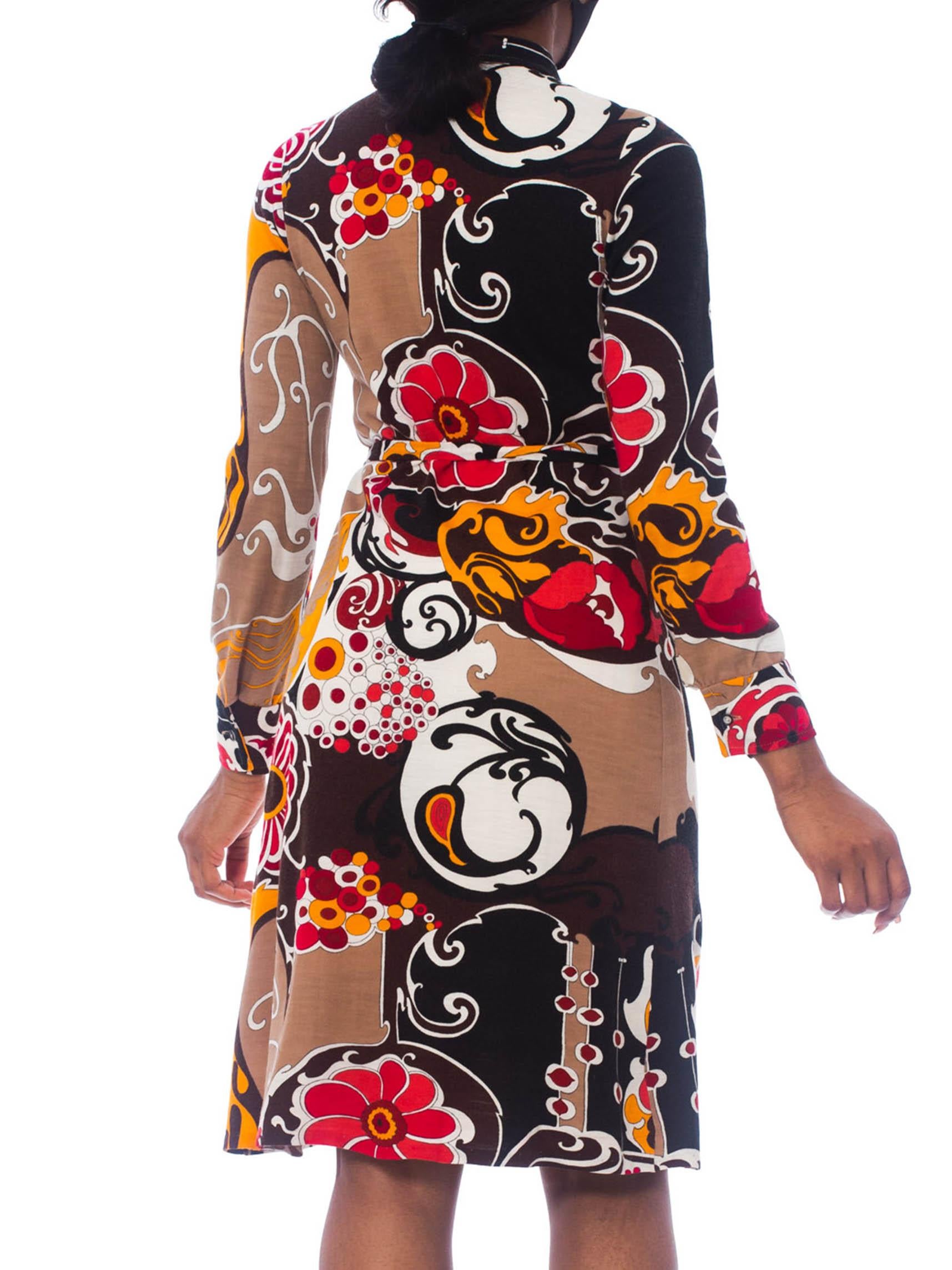 1970S Pyschedelic Floral Wool Jersey Dress With Rayon Lining For Sale 1