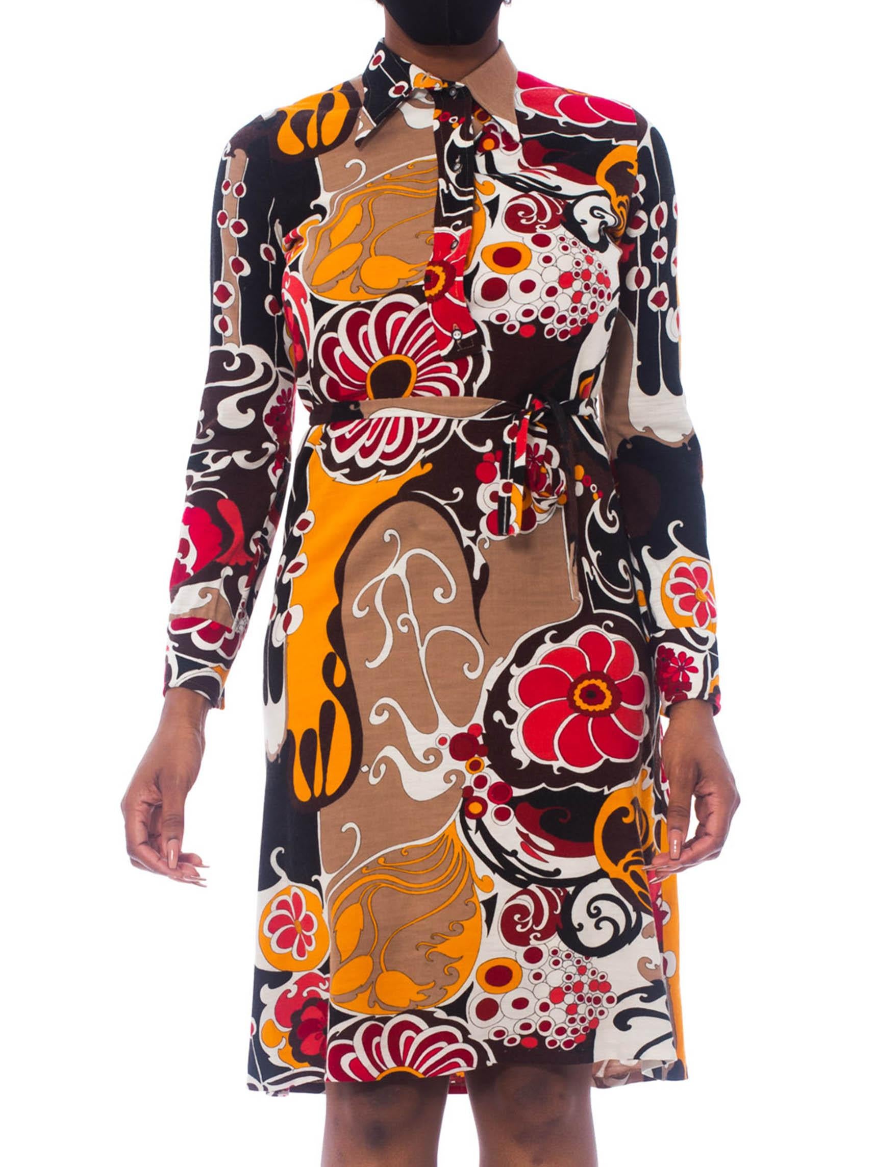 1970S Pyschedelic Floral Wool Jersey Dress With Rayon Lining For Sale 2