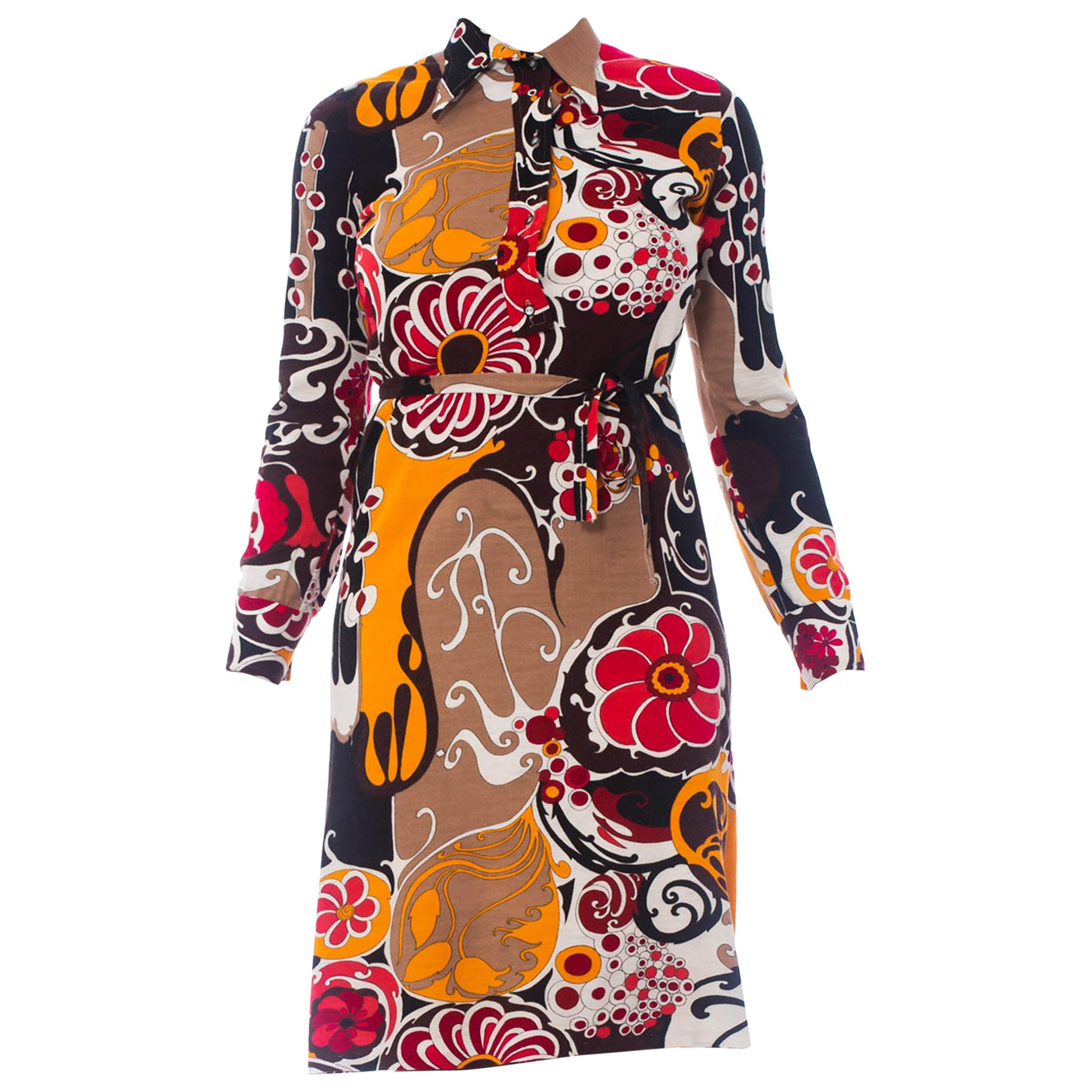 1970S Pyschedelic Floral Wool Jersey Dress With Rayon Lining For Sale