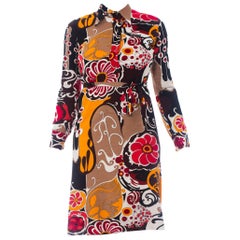 1970S Pyschedelic Floral Wool Jersey Dress With Rayon Lining