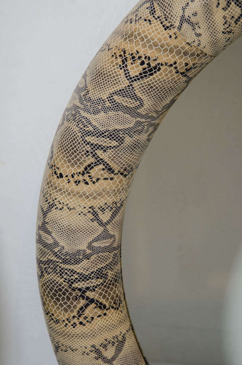 Ebonized 1970's Leather Mirror in Embossed Python Snake in the Style of Karl Springer For Sale