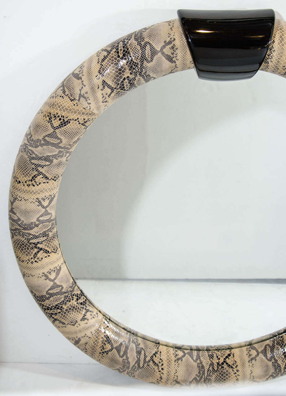 1970's Leather Mirror in Embossed Python Snake in the Style of Karl Springer In Good Condition For Sale In Fort Lauderdale, FL