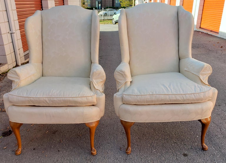 Woodwork 1970s Queen Anne Style Wing-Back Chairs in a Cream Swiss Floral Fabric, a Pair For Sale