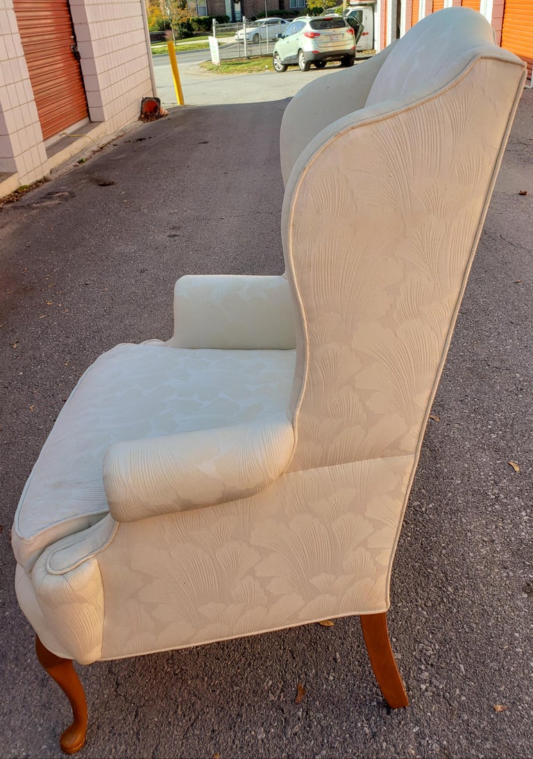 1970s Queen Anne Style Wing-Back Chairs in a Cream Swiss Floral Fabric, a Pair For Sale 1