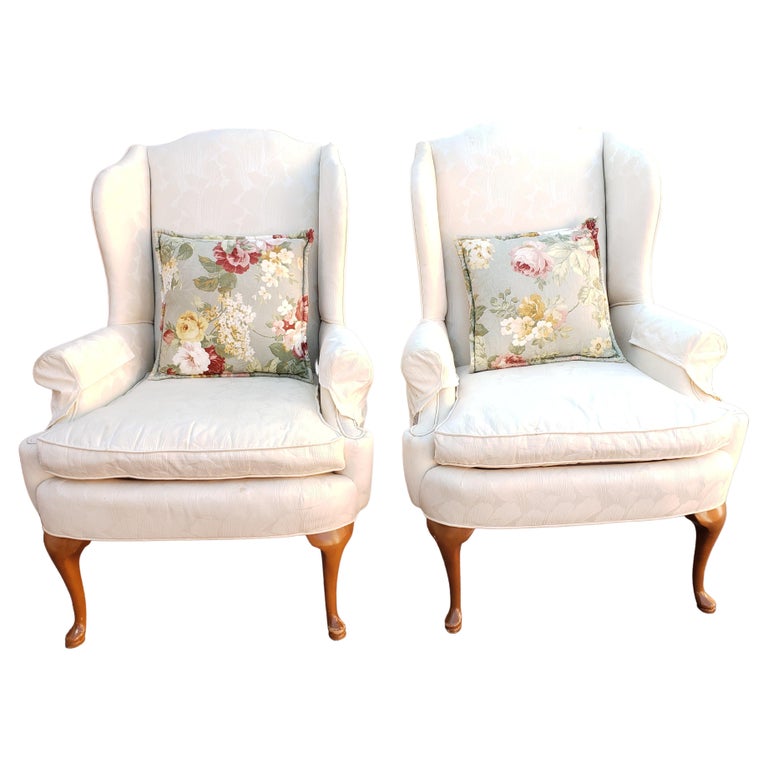 1970s Queen Anne Style Wing-Back Chairs in a Cream Swiss Floral Fabric, a Pair For Sale