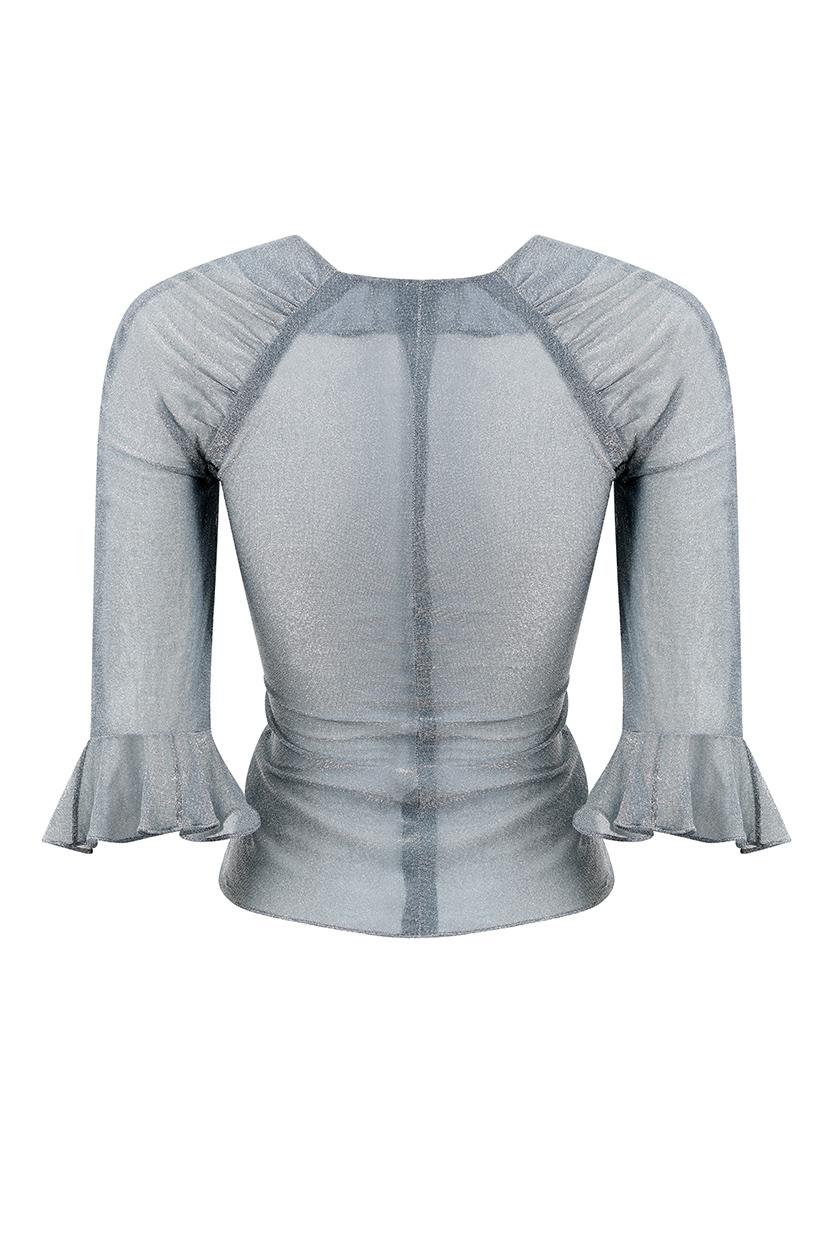 Gray 1970s Quorum Silver Blue Disco Top With Flounce Sleeves For Sale