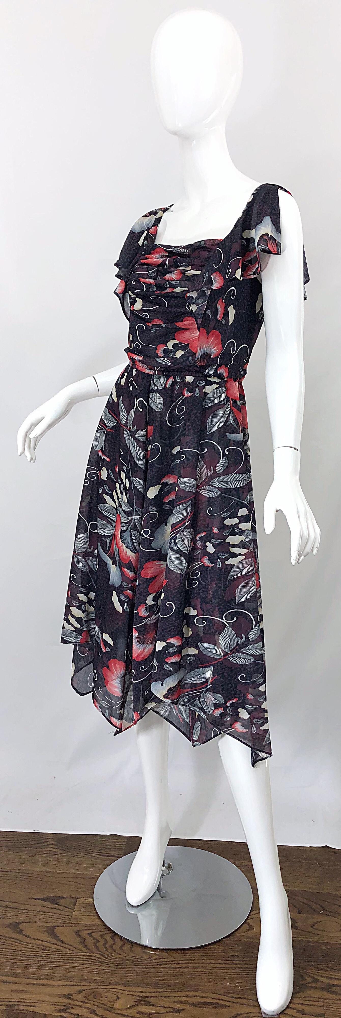 1970s Rae Hepburn Handkerchief Hem Cold Shoulder Asian Theme Vintage 70s Dress For Sale 4