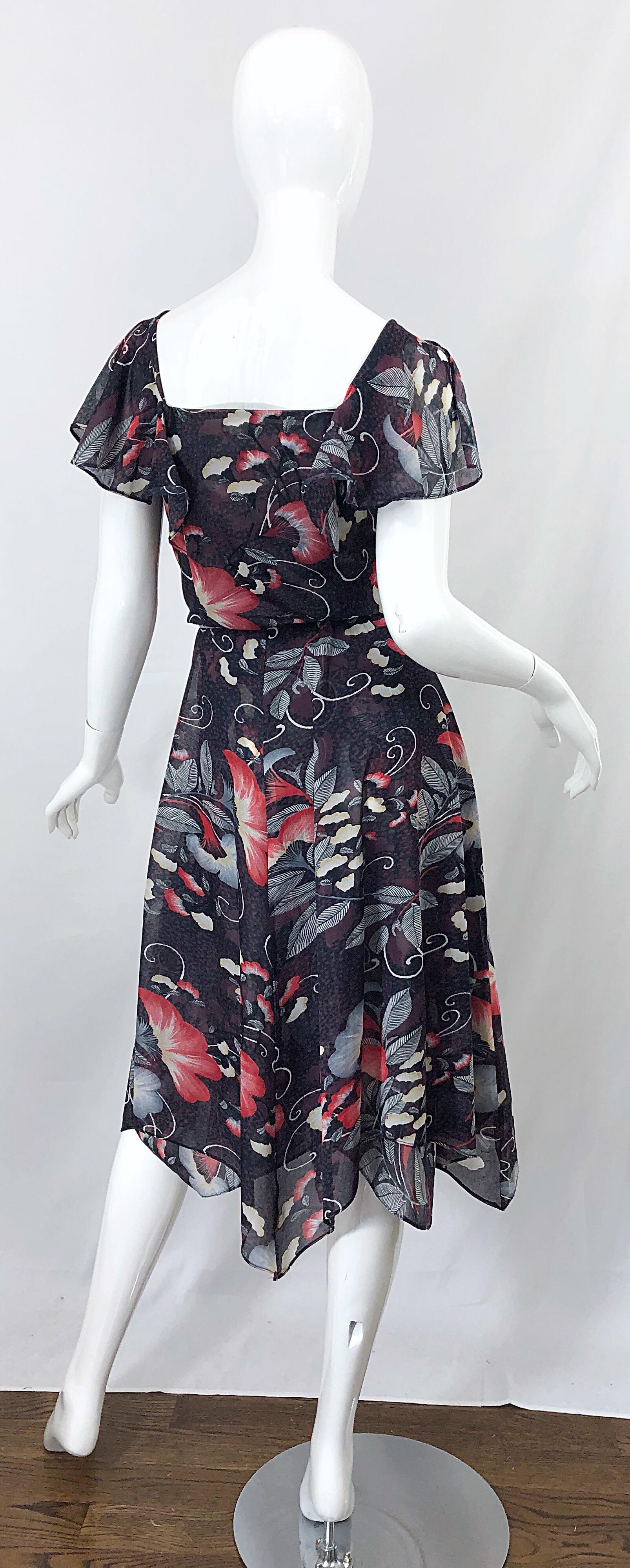 Black 1970s Rae Hepburn Handkerchief Hem Cold Shoulder Asian Theme Vintage 70s Dress For Sale