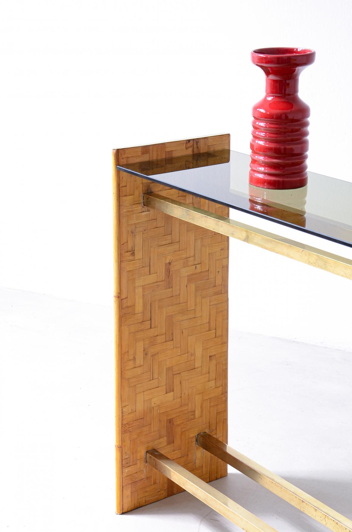 Mid-Century Modern 1970's Rafia and brass console table For Sale