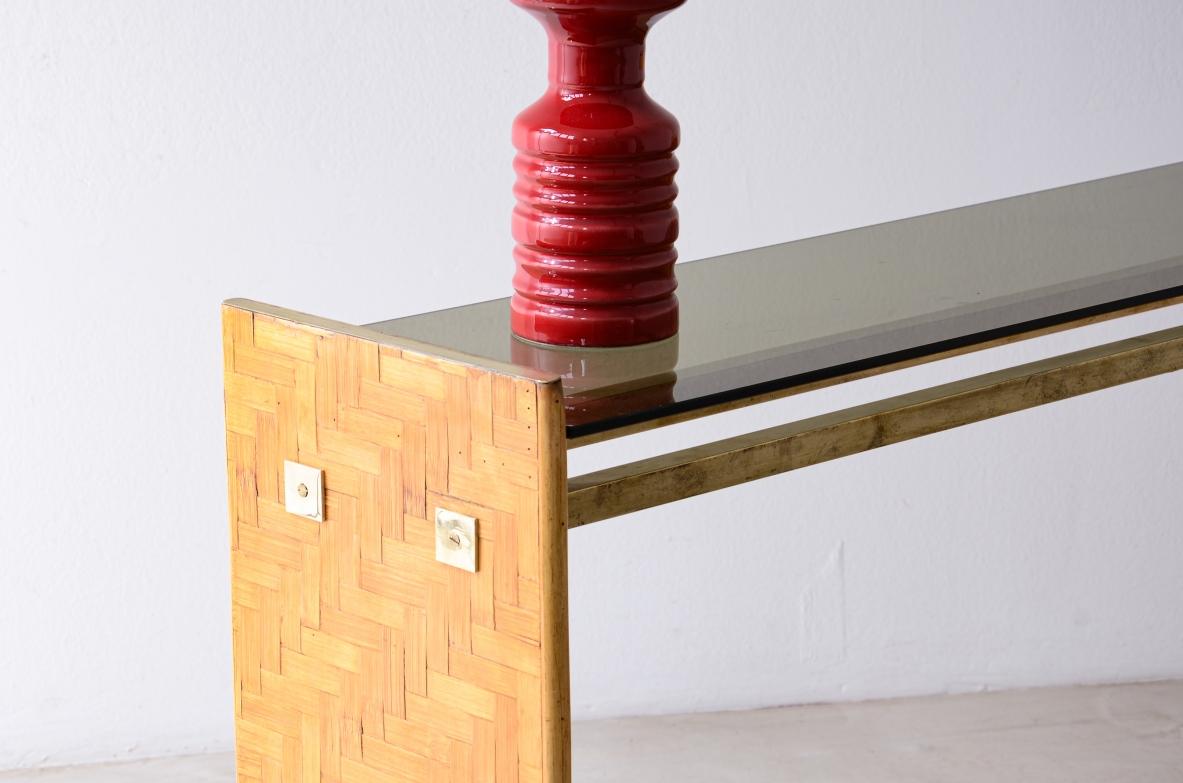Italian 1970's Rafia and brass console table For Sale