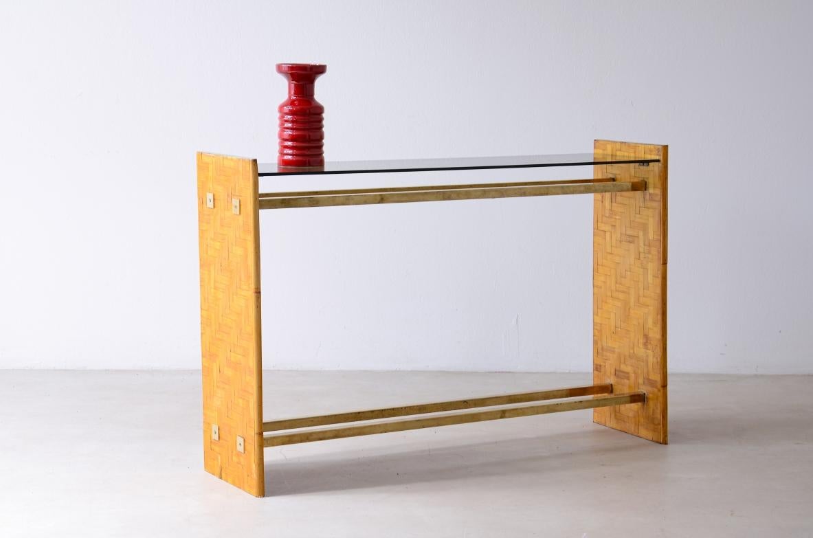 20th Century 1970's Rafia and brass console table For Sale