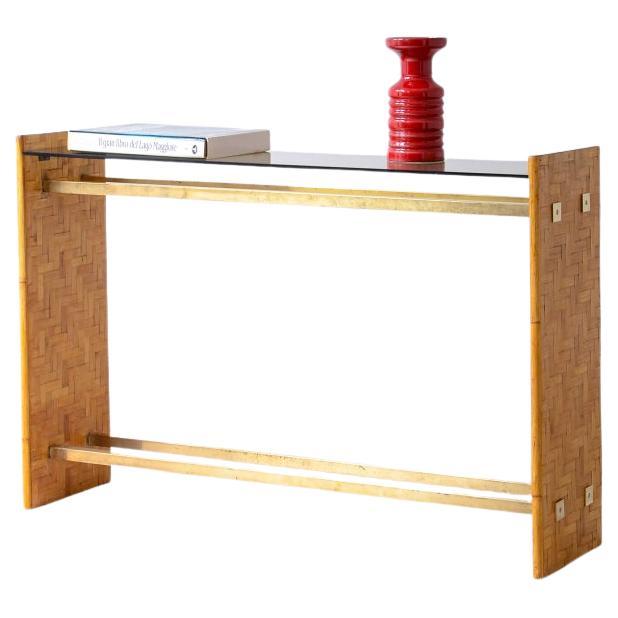 1970's Rafia and brass console table For Sale