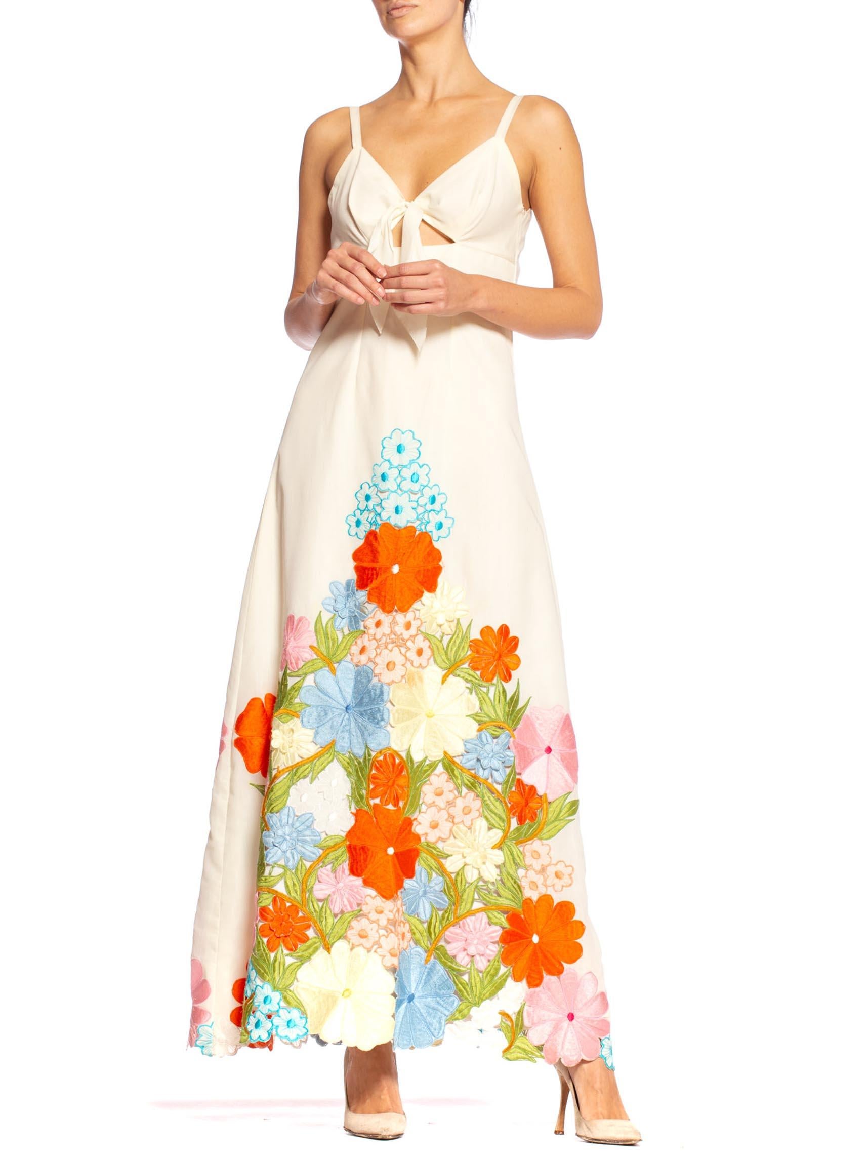 White 1970'S Rainbow Floral Embroidery Maxi Dress