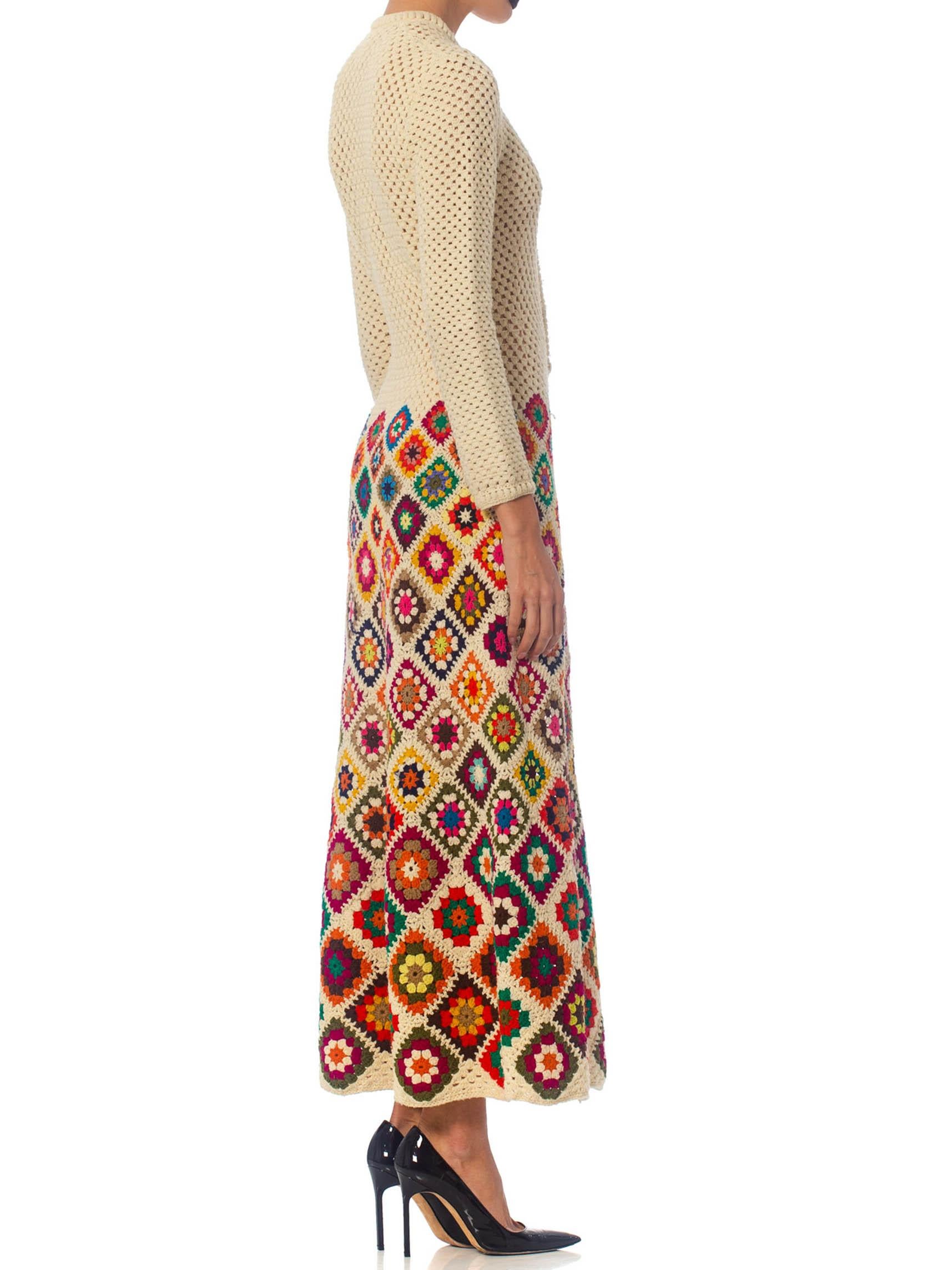 Beige 1970S Rainbow Hand Knit  Wool Crochet Maxi Dress For Sale