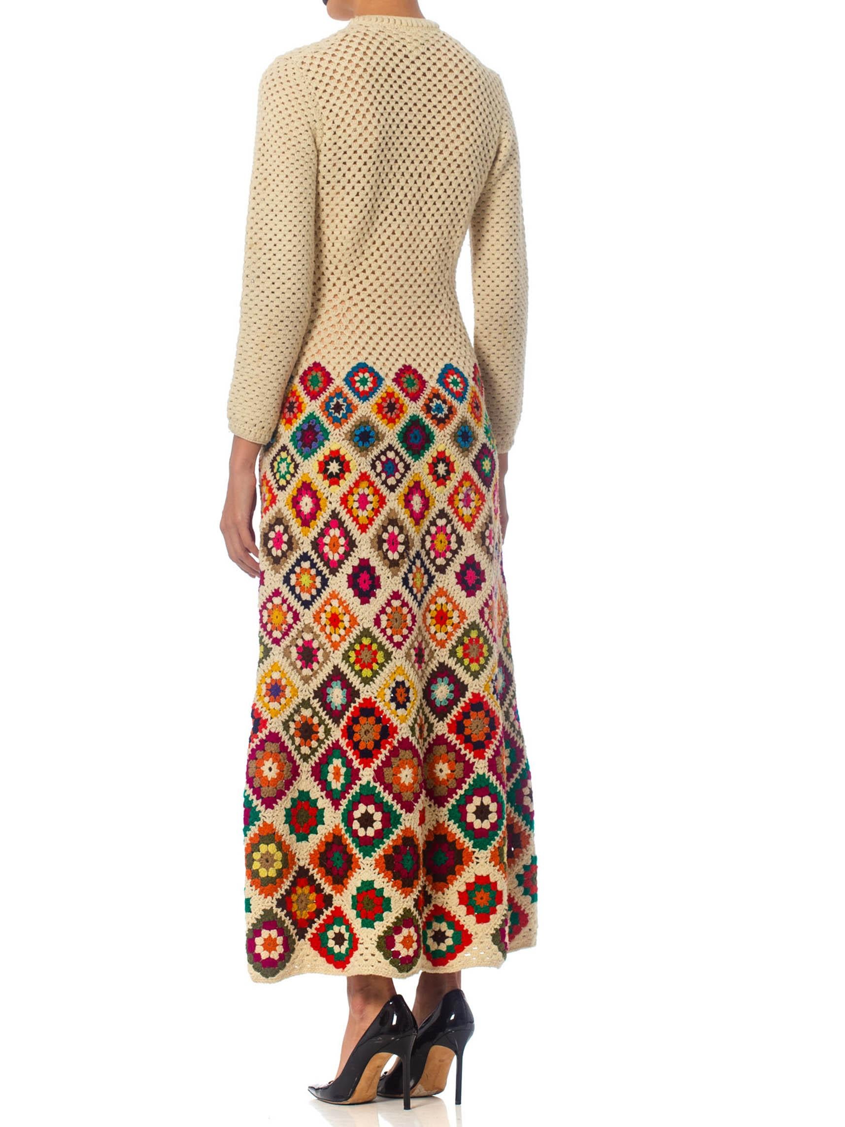 1970S Rainbow Hand Knit  Wool Crochet Maxi Dress In Excellent Condition For Sale In New York, NY
