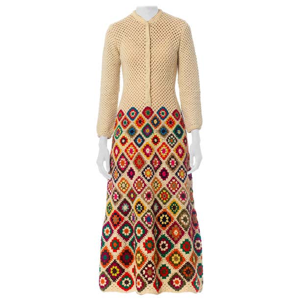1970S Rainbow Hand Knit Wool Crochet Maxi Dress For Sale at 1stDibs ...