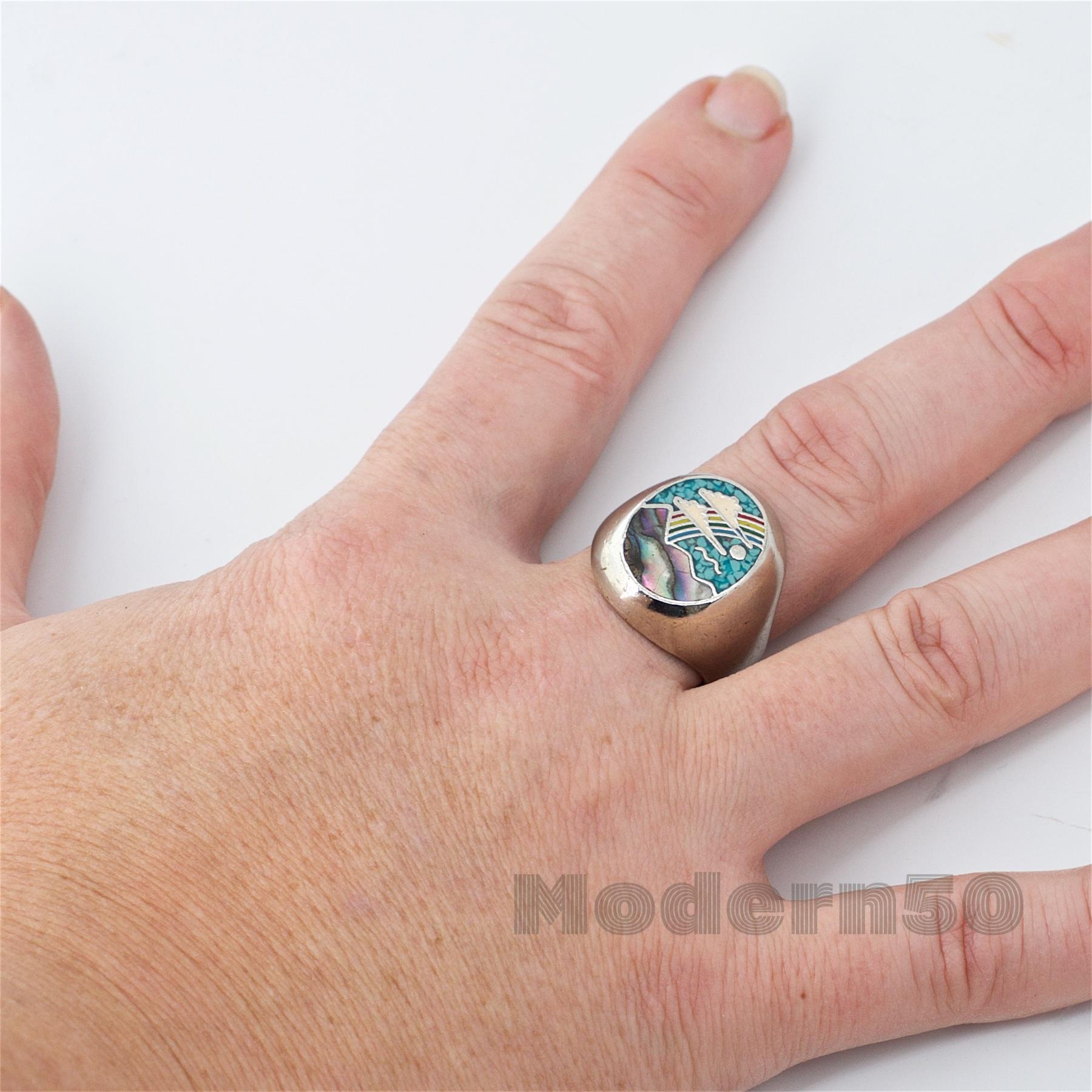 Mid-Century Modern 1970s Rainbow Hippie Ring Inlay Turquoise Abalone Psychedelic Craft Costume Abba
