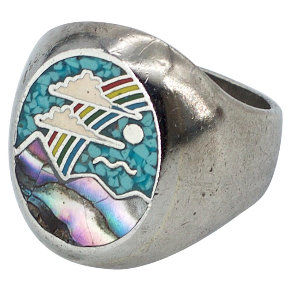 1970s Rainbow Hippie Ring Inlay Turquoise Abalone Psychedelic Craft Costume  Abba at 1stDibs hippie rings, ring hippie