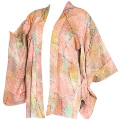 Retro 1970S Rainbow Japanese Shibori Silk Short Kimono