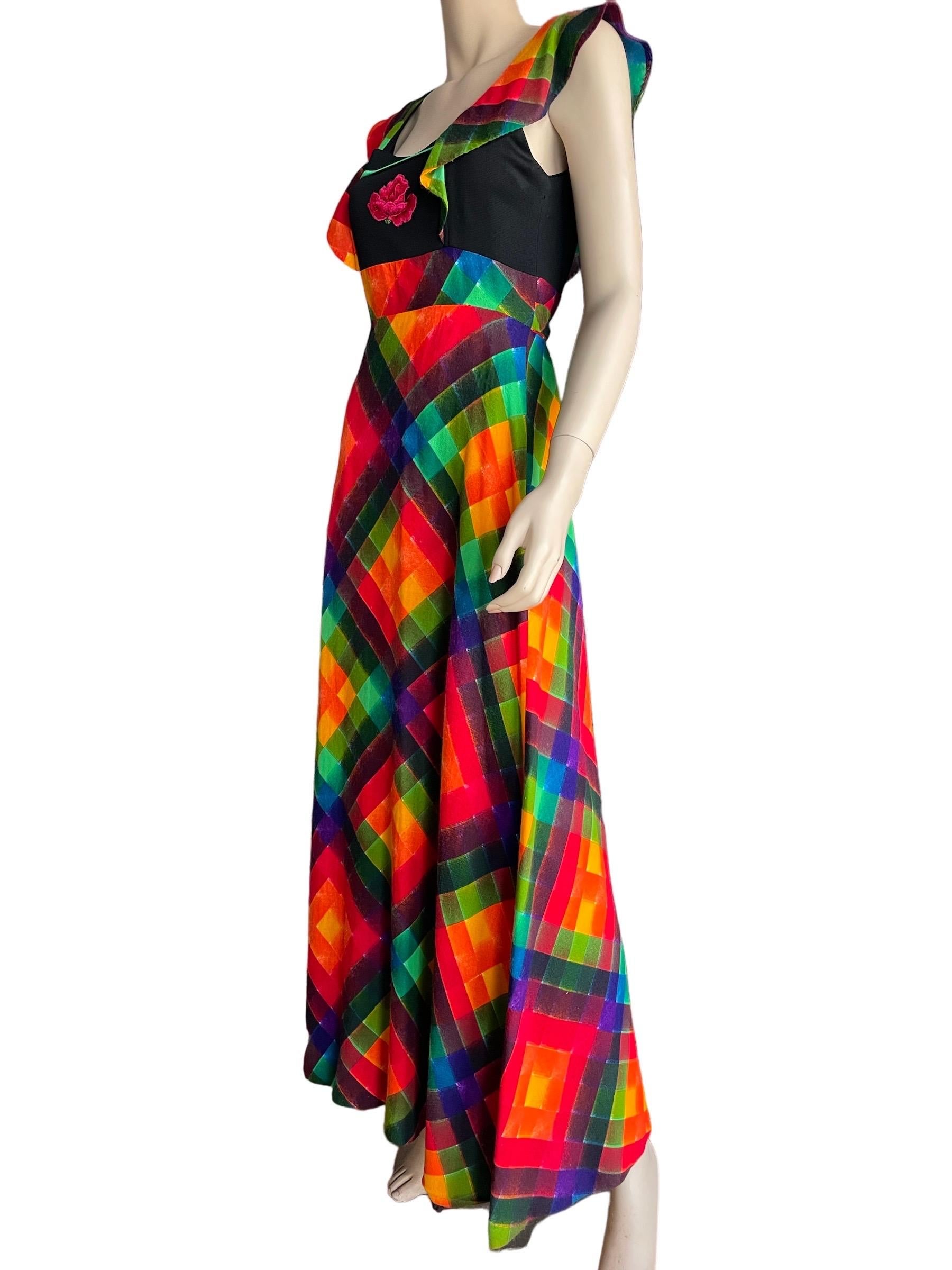 Women's or Men's 1970s Rainbow Plaid Rose Appliqué Sleeveless Maxi Dress  For Sale