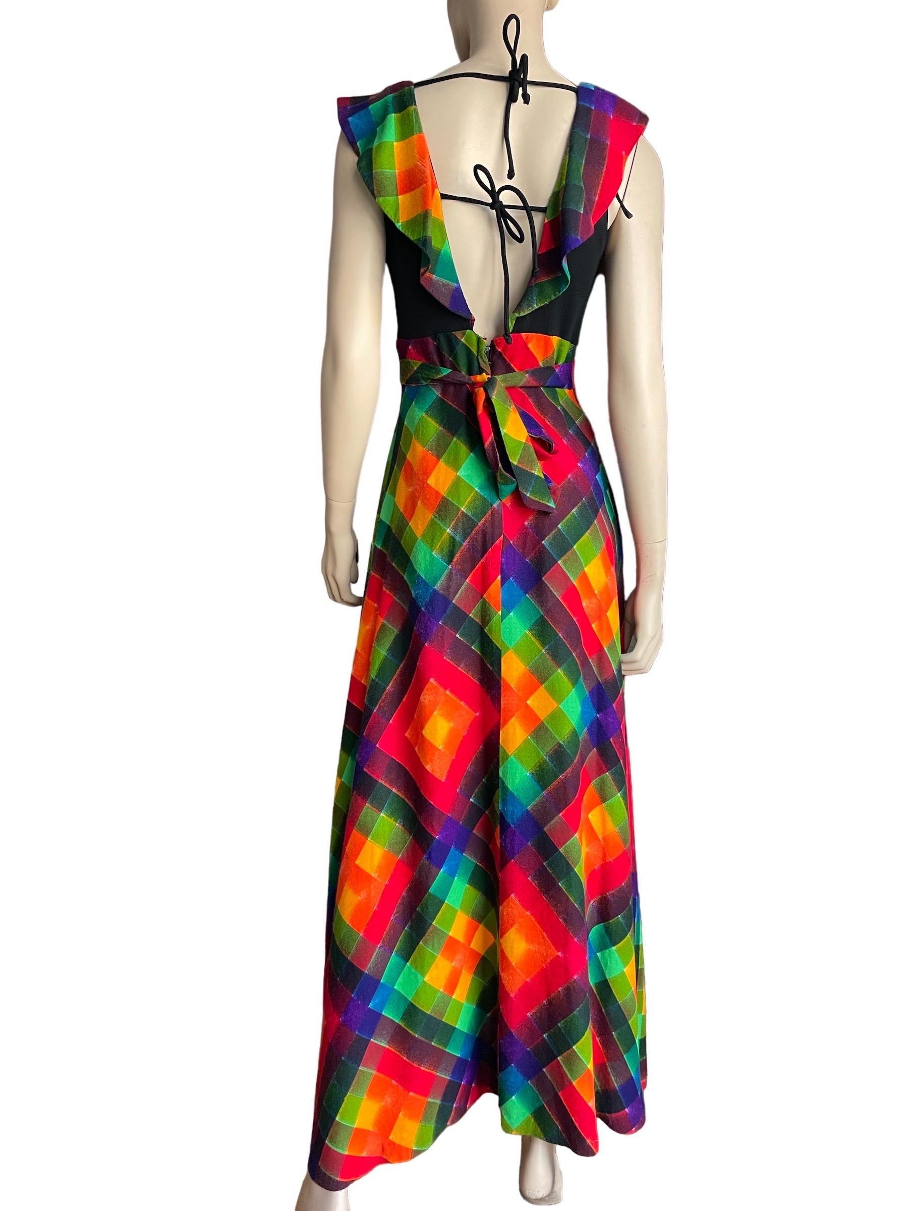 1970s Rainbow Plaid Rose Appliqué Sleeveless Maxi Dress  For Sale 1