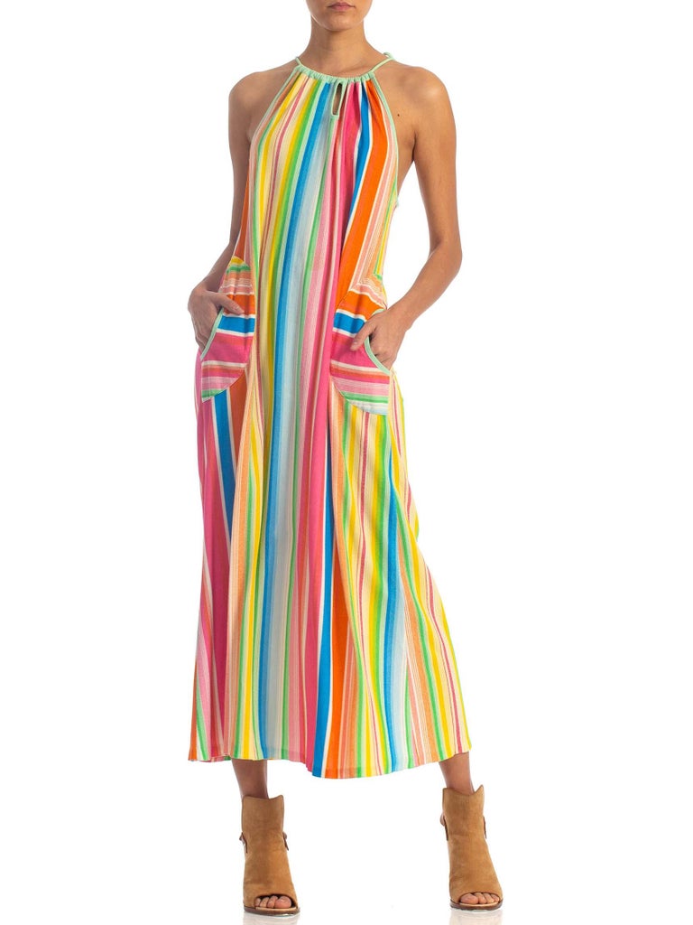 1970s Rainbow Poly/Cotton Terry Cloth Dress With Circle Pockets For