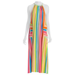 1970S Rainbow Striped Poly/Cotton Terry Cloth Poolside Dress With Circle Patch