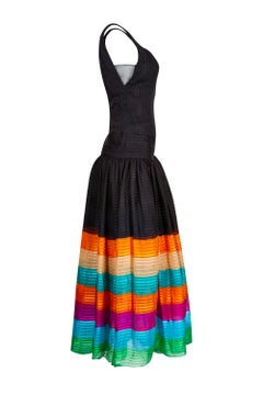 1970s Rainbow Silk Chiffon Tiered Haute Couture Maxi Dress