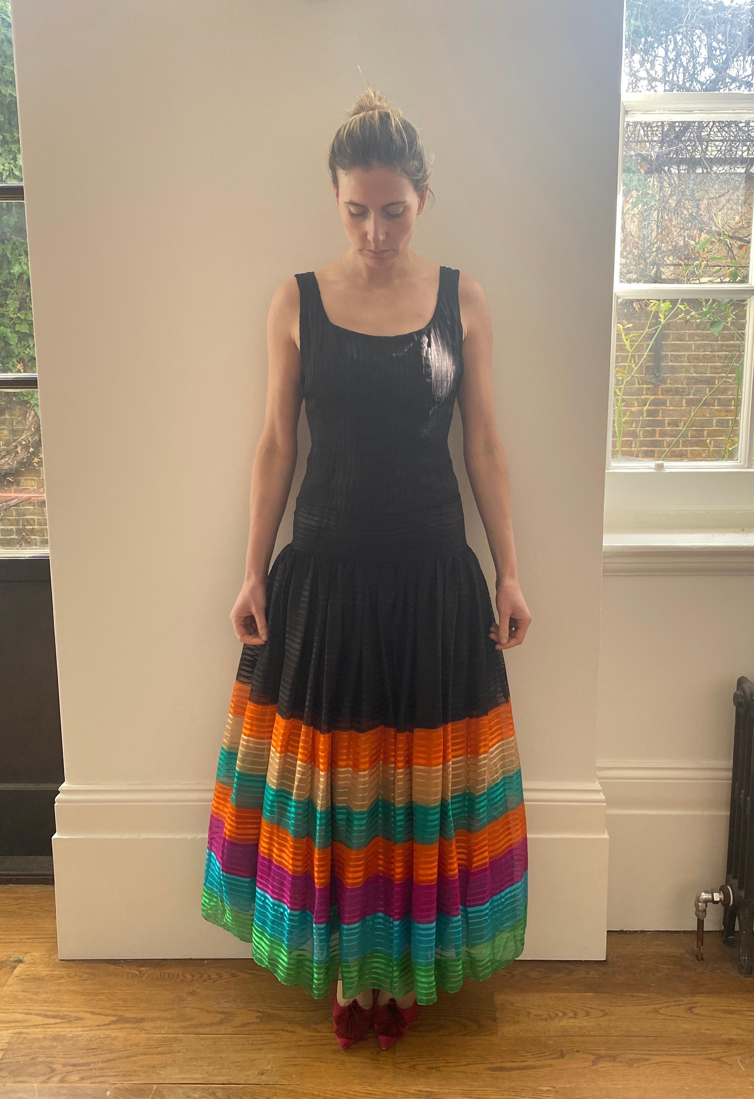 1970s Rainbow Silk Chiffon Tiered Haute Couture Maxi Dress In Excellent Condition For Sale In London, GB