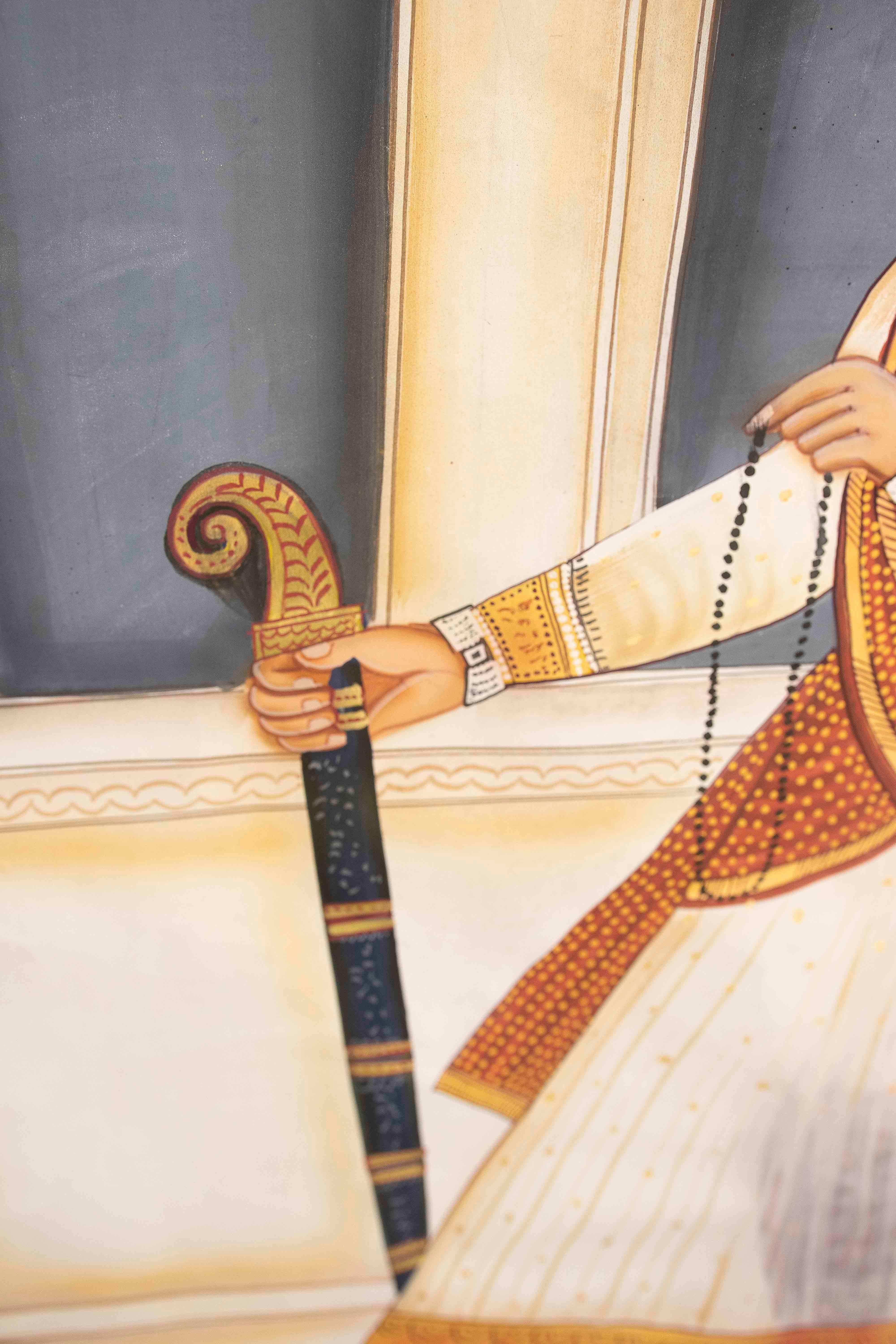Pintura rajastaní de los años 70 de un guerrero real con espada y túnica ceremonial Pintado a mano en venta